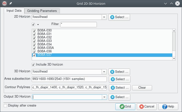 Grid 2D-3D horizon plugin input data selection dialog