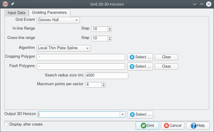 Grid 2D-3D horizon plugin input dialog, showing Bounding Box grid extent and continuous curvature interpolation settings